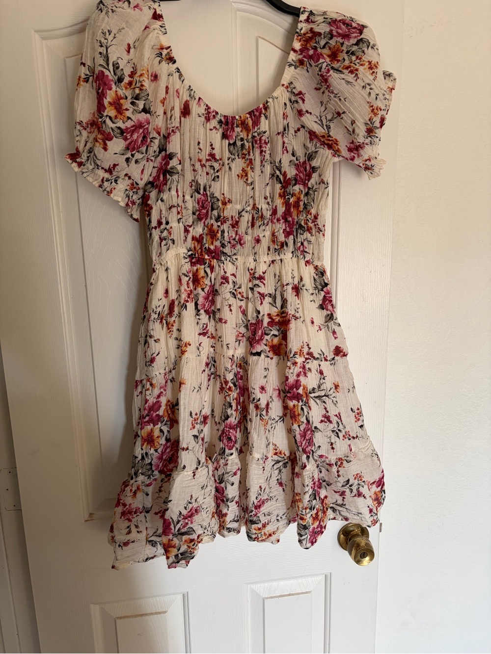 Liberty Love White Floral Puff-Sleeve women’s Dress with Pink & Yellow Blooms